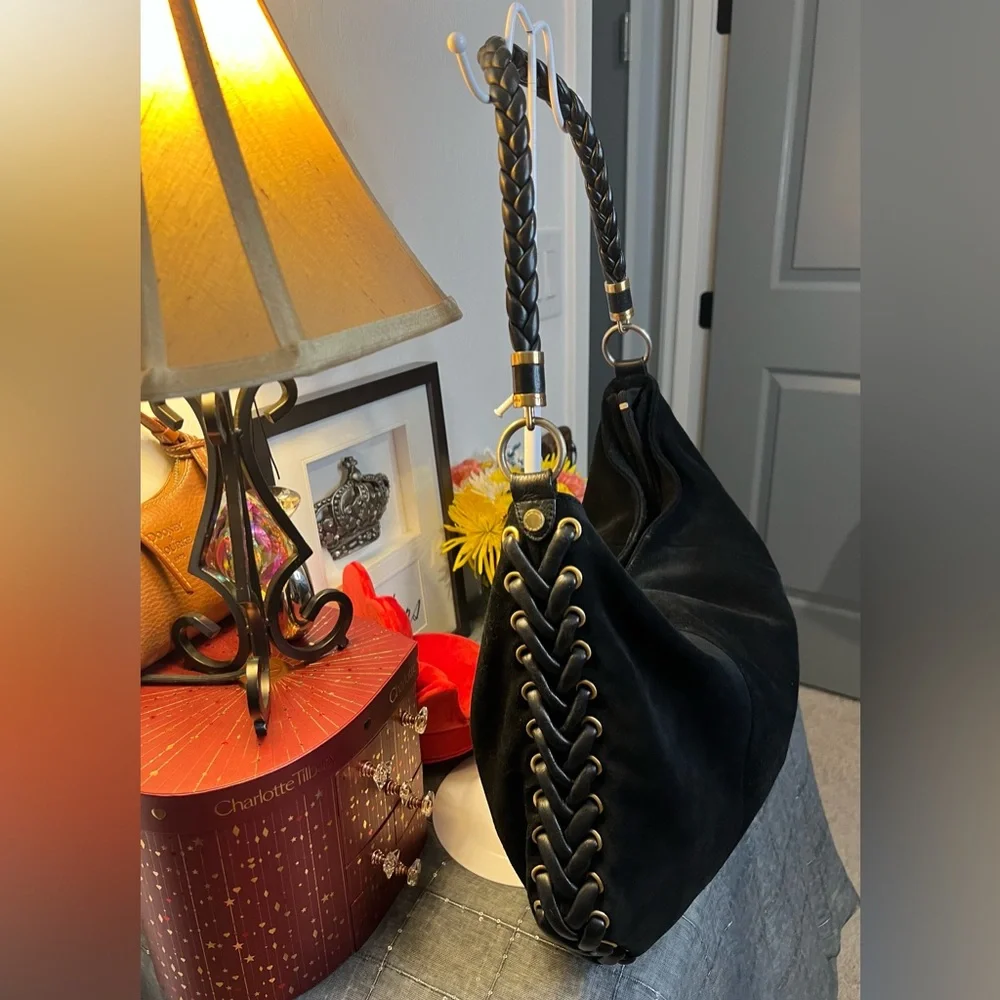 Tahari Black Suede & Braided Braided Leather Shoulder Bag